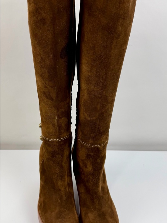Christian Louboutin Shoes - Christian Louboutin Chestnut Suede Knee Boots with Gold Button Detail